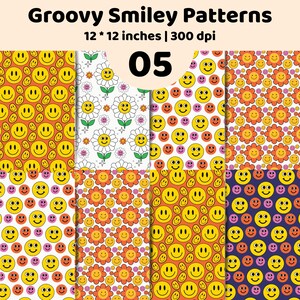 Könnte beinhalten: Eine digitale Sammlung von acht wiederkehrenden Mustern mit gelben Smileys und orangefarbenen Blumen. Der Text lautet Groovy Smiley Patterns, 12 * 12 inches | 300 dpi, und 05. Die Designs enthalten verschiedene Farbkombinationen aus Gelb, Orange, Pink und Dunkelblau.