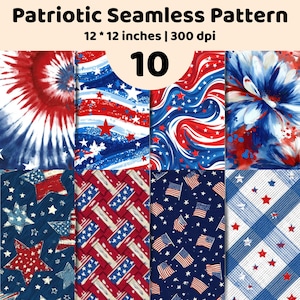 Patriotic Digital Paper Bundle | USA Flag Seamless Patterns | Stars Stripes Red White Blue Set