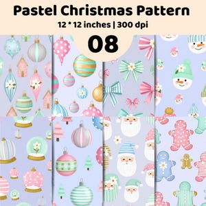 Könnte beinhalten: Eine digitale Grafik mit dem Titel Pastel Christmas Pattern 12 * 12 inches | 300 dpi 08 mit acht Feldern aus sich wiederholenden Weihnachtsmotiven. Die Illustrationen zeigen pastellfarbene Ornamente, Schneemänner, Lebkuchen, Schleifen und Weihnachtsmänner.