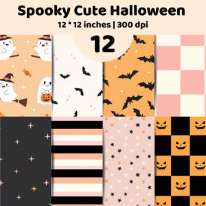 Könnte beinhalten: Eine digitale Sammlung von 12 Spooky Cute Halloween-Mustern mit den Maßen 12 * 12 Zoll bei 300 dpi. Die Designs umfassen Geister mit Hexenhüten, schwarze Fledermäuse, Sterne, rosa-weiße Karos, schwarz-orange Streifen und Kürbisgesichter.