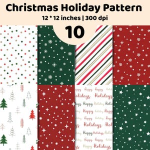 Könnte beinhalten: Eine Sammlung von 10 digitalen Weihnachtsmustern mit den Maßen 30,48 x 30,48 cm bei 300 dpi. Die Designs umfassen rote und grüne Punkte, Schneeflocken, diagonale Streifen, Tannenbäume, Sterne und den wiederholten Text Happy Holidays.
