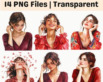 Red Spring Woman PNG Bundle, Elegant Female Portrait Clipart, Romantic Floral Girl PNG, Fashion Beauty Illustration