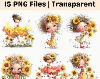 Sunflower Girl Clipart Bundle PNG Floral Summer Kids Sublimation Set