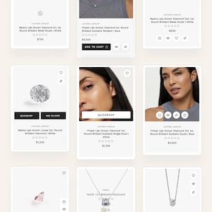 May include: A product display showcasing 12 different styles for displaying products on a shop page. The image features various jewelry items, including diamond stud earrings, solitaire pendants, and a radiant necklace. The jewelry is displayed on a white background.