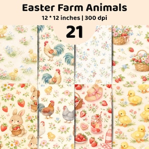 Easter Farm Animal Pattern Bundle Chick Bunny Chicken Floral Digital Paper Spring Print