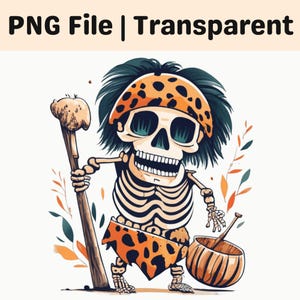 Caveman Skeleton PNG Funny Primitive Skull Cartoon Halloween Sublimation Design