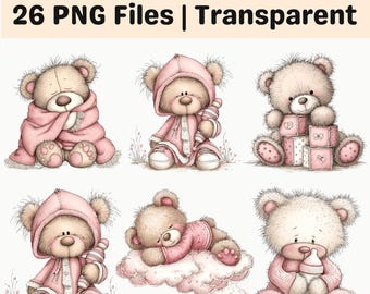 Pink Teddy Bear Clipart Bundle PNG Cute Baby Nursery Sublimation Set