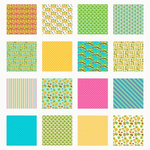 May include: A collection of sixteen square digital paper patterns featuring various designs including cartoon pineapples with sunglasses, colorful stripes, polka dots, geometric shapes, and floral motifs in shades of yellow, pink, blue, and green.