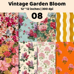 Könnte beinhalten: Eine digitale Sammlung mit dem Titel Vintage Garden Bloom, die acht verschiedene Blumen- und Streifenmuster enthält. Die Designs zeigen verschiedene Anordnungen von rosa, roten, gelben und violetten Blumen auf weißem, blauem und orangefarbenem Hintergrund, mit einer Größe von 30,48 * 30,48 cm.