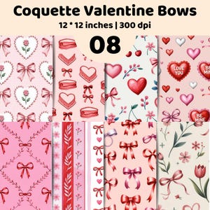 Könnte beinhalten: Eine digitale Sammlung von acht nahtlosen Mustern mit dem Titel Coquette Valentine Bows, 12 * 12 inches, 300 dpi, 08. Die Designs zeigen rosa und rote Schleifen, Herzen, Rosen, Kirschen und Tulpen auf verschiedenen hellrosa und cremefarbenen Hintergründen.