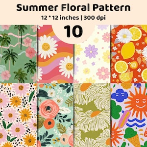 Könnte beinhalten: Eine digitale Sammlung von 10 Summer Floral Pattern Designs, jeweils 12 mal 12 Zoll bei 300 dpi. Das Set enthält verschiedene Illustrationen wie Palmen, lächelnde Gänseblümchen, Zitronen, abstrakte Blumen, Sonnen und Eiswaffeln in leuchtenden Farben.