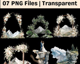 Mountain Wedding PNG Bundle, Bride and Groom Clipart Set, Rustic Floral Arch Illustration, Romantic Watercolor Ceremony Scene
