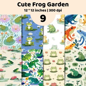 Könnte beinhalten: Eine digitale Sammlung mit dem Titel Cute Frog Garden, 30,48 * 30,48 cm, 300 dpi, mit 9 verschiedenen Mustern aus grünen, orangen und blauen Fröschen auf Seerosenblättern, Wasserlilien, Libellen und Wasserpflanzen in bunten Stilen.