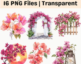 16 Bougainvillea Flower Clipart PNG Pink Tropical Floral Sublimation Bundle