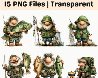 Fishing Gnome Clipart Bundle PNG Fisherman Camping Sublimation Set