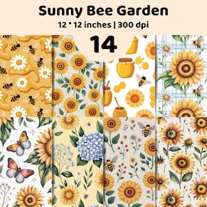 Pode incluir: Uma coleção digital intitulada Sunny Bee Garden com 14 padrões de 12 por 12 polegadas a 300 dpi. Os designs incluem girassóis amarelos, potes de mel, favos de mel, abelhas, borboletas e flores de hortênsia azuis em vários fundos.