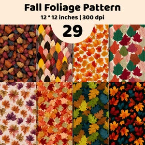 Könnte beinhalten: Eine digitale Sammlung von 29 Herbstlaubmustern mit verschiedenen Blattformen und herbstlichen Farben wie Orange, Rot, Gelb, Braun und Grün. Der Text Fall Foliage Pattern, 12 * 12 inches | 300 dpi, und 29 ist oben im Bild zu sehen.