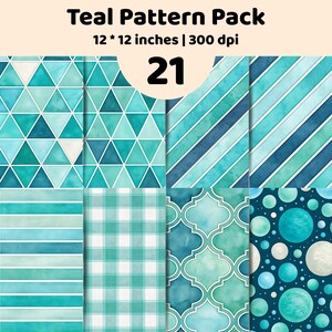 Könnte beinhalten: Eine digitale Sammlung mit dem Titel Teal Pattern Pack, die 21 Muster in der Größe 12 * 12 Zoll bei 300 dpi enthält. Die Muster zeigen verschiedene blaugrüne Aquarellmotive, darunter Dreiecke, diagonale Streifen, horizontale Linien, Karos, Vierpassformen und Kreise.