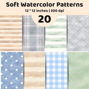 Könnte beinhalten: Eine Sammlung von 20 digitalen Papieren mit dem Titel Soft Watercolor Patterns, 30,48 * 30,48 cm, 300 dpi. Das Bild zeigt acht rechteckige Muster mit Aquarelldesigns, darunter beige Streifen, graues Karomuster, grüne Streifen, graue Punkte, blaue Punkte, beige Streifen, blaues Vichy-Karo und einfarbiges Hellgrün.