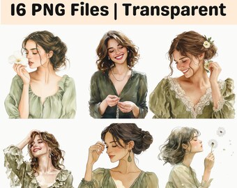 Olive Green Woman Clipart Bundle | Elegant Female Portrait PNG | Aesthetic Minimal Girl Illustration Pack