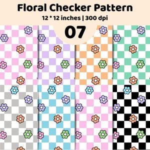 Floral Checker Digital Paper Bundle | Retro Seamless Patterns | Pastel Grid Flower Print Set