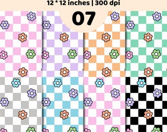 Pacchetto di carte digitali a scacchi floreali | Motivi retrò senza soluzione di continuità | Set di stampe floreali a griglia pastello