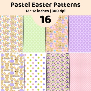 Könnte beinhalten: Eine digitale Sammlung von 16 pastellfarbenen Ostermustern in der Größe 12 * 12 Zoll bei 300 dpi. Die Designs zeigen Illustrationen von hellbraunen Hasen, bunten Ostereiern, Blumenarrangements, grünen Rauten und Punkten in Pastelltönen.