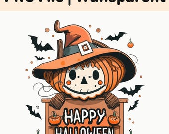 Happy Halloween Scarecrow PNG Pumpkin Witch Hat Bat Sublimation Shirt Design