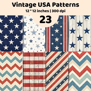 Könnte beinhalten: Eine digitale Sammlung von 23 Vintage USA Mustern mit Sternen, Streifen und Zickzack-Designs in Rot, Weiß und Blau. Jedes Muster misst 30,48 mal 30,48 cm bei 300 dpi. Die Grafiken enthalten Holzmaserungstexturen und verschiedene patriotische Motive.