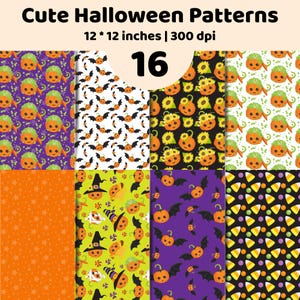 Könnte beinhalten: Eine digitale Sammlung von 16 niedlichen Halloween-Mustern mit Kürbissen, Fledermäusen, Sonnenblumen und Zuckermais. Der Text lautet Cute Halloween Patterns, 12 * 12 inches | 300 dpi und 16. Die Designs enthalten Orange, Lila, Schwarz und Limettengrün.