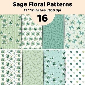 Könnte beinhalten: Eine digitale Sammlung von 16 salbeifarbenen Blumenmustern, jeweils 12 * 12 Zoll groß bei 300 dpi. Die Designs zeigen verschiedene Motive wie dunkelgrüne Blumen, Blätter, Punkte, Streifen und Schleifen auf hellgrünen und weißen Hintergründen.