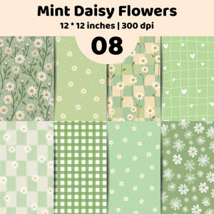 Könnte beinhalten: Eine digitale Sammlung von acht Mint Daisy Flowers Mustern, 12 * 12 inches, 300 dpi, 08. Die Designs umfassen weiße Gänseblümchen auf Salbeigrün, Karomuster, weiße Herzen auf einem Gitter und Vichy-Muster in verschiedenen Grün- und Weißtönen.