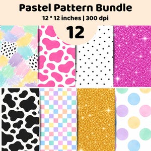 Könnte beinhalten: Ein digitales Pastel Pattern Bundle mit 12 Designs, jeweils 30,48 x 30,48 cm bei 300 dpi. Die Muster umfassen pastellfarbene Pinselstriche mit schwarzen Punkten, rosa Kuhflecken, schwarze Punkte, pinken Glitzer, schwarze Kuhflecken, pastellfarbene Karos, goldenen Glitzer und pastellfarbene Kreise.