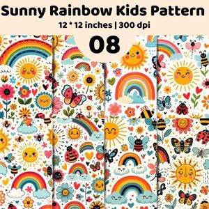 Kids Seamless Pattern Bundle | Rainbow Sun Digital Paper | Bee Butterfly Floral Nursery Prints