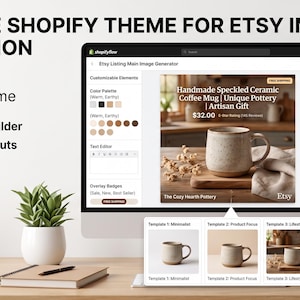 Könnte beinhalten: Ein Computermonitor mit der MarketFlow Shopify-Theme-Oberfläche zur Erstellung von Etsy-Produktbildern, inklusive einer gesprenkelten Keramik-Kaffeetasse, anpassbaren Farbpaletten, Texteditor-Optionen und verschiedenen Layout-Vorlagen.