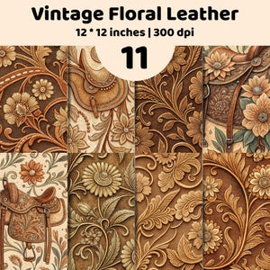 Könnte beinhalten: Eine Sammlung von 11 digitalen Mustern mit dem Titel Vintage Floral Leather, die 30,48 x 30,48 cm bei 300 dpi messen. Die Designs zeigen geprägte braune Ledertexturen mit komplexen Blumenmotiven, rankenden Pflanzen und Westernsätteln.