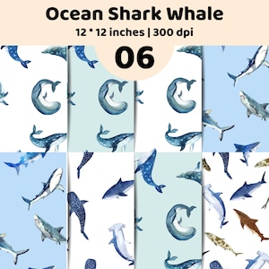 Ocean Animal Pattern Bundle Shark Whale Dolphin Digital Paper Sea Life Seamless Print