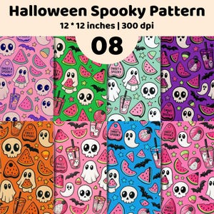 Könnte beinhalten: Eine digitale Grafikdatei mit dem Titel Halloween Spooky Pattern 08, die 12 mal 12 Zoll bei 300 dpi misst. Das Bild zeigt acht sich wiederholende Muster mit Geistern, Totenköpfen, Fledermäusen, Wassermelonenstücken und Bechern mit dem Text Sweet & Spooky.