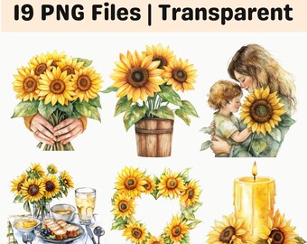 Sunflower Clipart Bundle PNG Floral Yellow Flower Rustic Sublimation Set