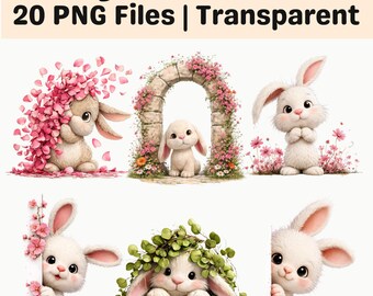 19 Bunny Clipart PNG Bundle Easter Rabbit Floral Nursery Sublimation Set