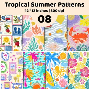 Könnte beinhalten: Eine digitale Sammlung von acht tropischen Sommermustern mit Illustrationen von Krabben, Meeresschildkröten, Palmen, Flamingos, Hibiskusblüten und Surfbrettern. Der Text lautet Tropical Summer Patterns, 12 * 12 inches | 300 dpi, und 08.