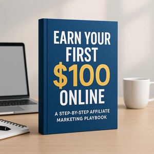 Könnte beinhalten: Ein marineblaues Buch mit dem Titel "EARN YOUR FIRST $100 ONLINE" in weißer und goldener Schrift. Das Buch ist ein Schritt-für-Schritt-Leitfaden für Affiliate-Marketing. Ein Laptop, ein Notizblock und eine Tasse sind im Hintergrund.