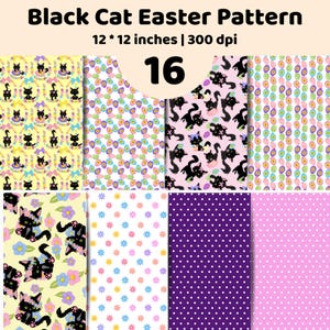 Könnte beinhalten: Eine digitale Sammlung mit dem Titel Black Cat Easter Pattern mit 16 Designs, 30,48 x 30,48 cm bei 300 dpi. Die Muster zeigen schwarze Katzen mit Blumenkränzen, bunte Ostereier, kleine Gänseblümchen sowie weiße Punkte auf lila und rosa Hintergründen.
