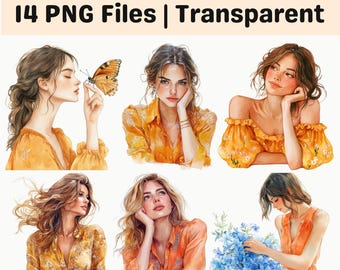 Orange Spring Woman Clipart Bundle | Warm Female Portrait PNG | Floral Aesthetic Girl Illustration Pack