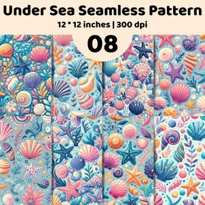 Könnte beinhalten: Ein digitales nahtloses Muster mit dem Titel Under Sea Seamless Pattern 12 * 12 inches | 300 dpi 08, das eine wiederkehrende Illustration verschiedener Muscheln, Seesterne und Wasserpflanzen in Rosa-, Blau-, Orange- und Violetttönen auf hellblauem Grund zeigt.