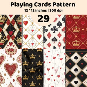 Casino Card Seamless Patterns | Playing Cards Digital Paper | Royal Suits Hearts Spades Background Pack