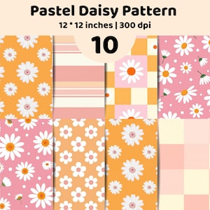Könnte beinhalten: Eine digitale Sammlung von 10 pastellfarbenen Gänseblümchenmustern, jeweils 30,48 x 30,48 cm groß bei 300 dpi. Die Designs zeigen verschiedene Anordnungen von weißen Gänseblümchen, orangefarbene und rosafarbene Karomuster sowie horizontale Streifen.