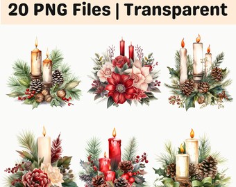 Christmas Candle PNG Bundle, Festive Floral Candle Clipart, Poinsettia Pine Cone Arrangement, Winter Holiday Centerpiece PNG
