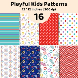 Könnte beinhalten: Eine digitale Sammlung von 16 Playful Kids Patterns im Format 12 mal 12 Zoll bei 300 dpi. Die Designs umfassen horizontale Streifen, bunte Zahnräder, rote Punkte, mehrfarbige Punkte, Sternformen, blaue Zahnradmuster, Roboter und rote Zickzacklinien.
