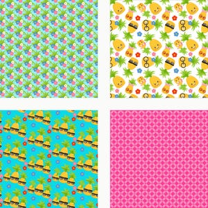 May include: A digital pattern set featuring four distinct designs: pineapples with flowers on light blue, pineapples with glasses and bows on white, pineapples with sunglasses on bright blue, and a pink geometric pattern with small circles.